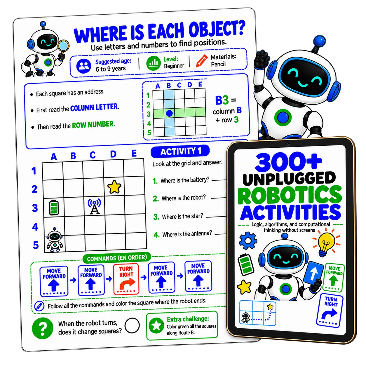 Book +300 Unplugged Coding Activities with sample pages: mazes, sequences, and logical challenges
